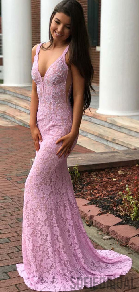 V-neck Lace Beaded Long Mermaid Prom Dresses, Cheap Prom Dresses, PD0772