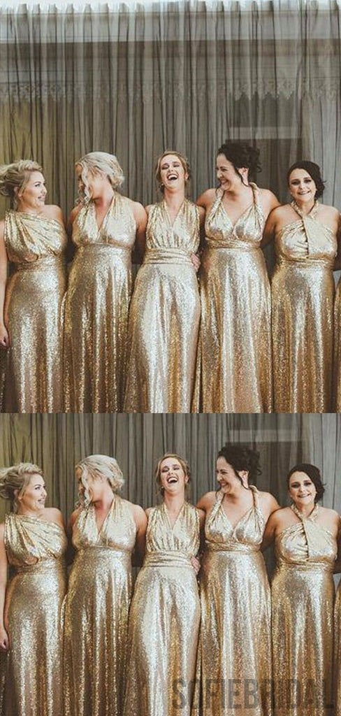 Mismatched Gold Sequin Long A-line Bridesmaid Dresses, PD0909