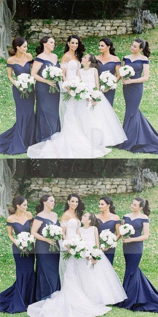 Off Shoulder Navy Bridesmaid Dresses, Mermaid Bridesmaid Dresses, Long Bridesmaid Dresses, WG108