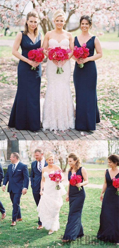 Sheath V-neck Floor-length Navy Blue Simple Bridesmaid Dresses, BD0570