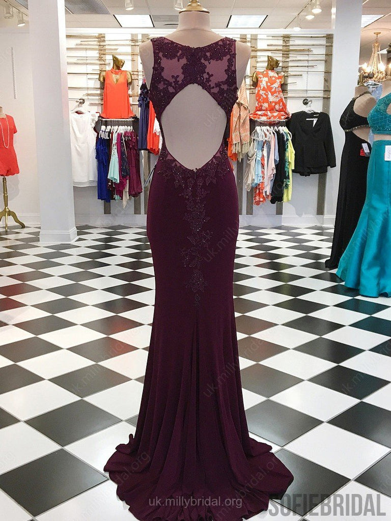 Maroon Long Mermaid Jersey Appliques Beaded Prom Dresses, PD0984