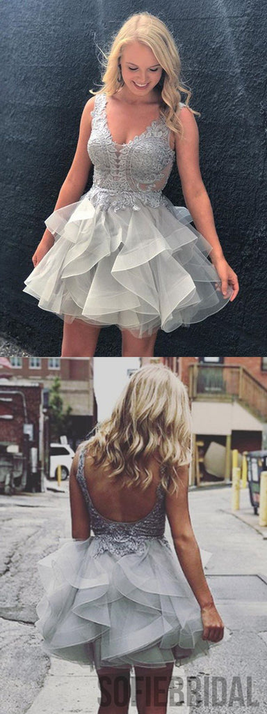 Newest V-neck Lace Top Backless Organza Homecoming Dresses, HD0106