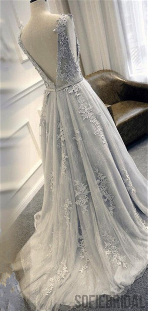 A-line Lace Appliques Sleeveless V-back Long Prom Dress, PD0010