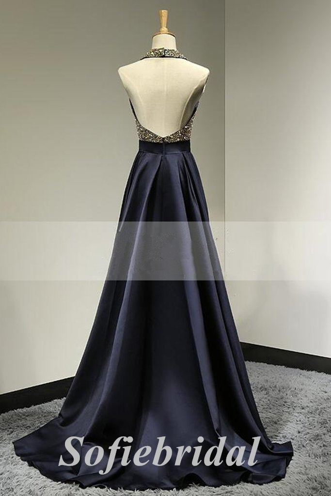 Sexy Sequin And Satin Halter Sleeveless Backless A-Line Long Prom Dresses, PD0858