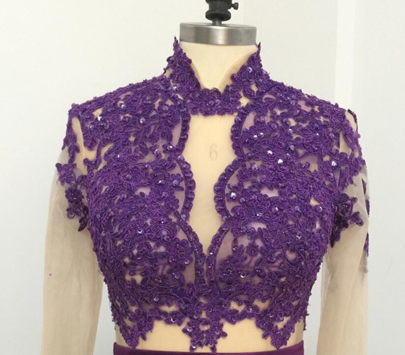 Mermaid High Neck Long Sleeves Purple Prom Dress, PD0999