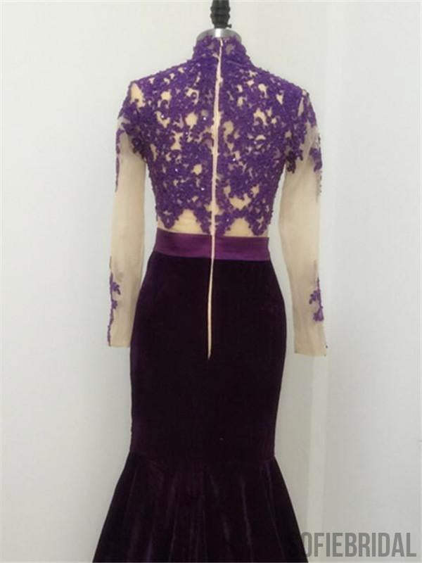 Mermaid High Neck Long Sleeves Purple Prom Dress, PD0999
