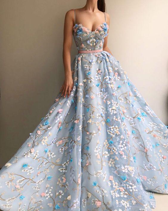 Spaghetti Floral Prom Dresses, Blue Prom Dresses, A-line Prom Dresses, Prom Dresses, PD0677