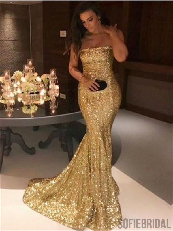 Strapless Gold Sequin Mermaid Prom Dresses, Sexy Prom Dresses, Popular Prom Dresses, PD0621