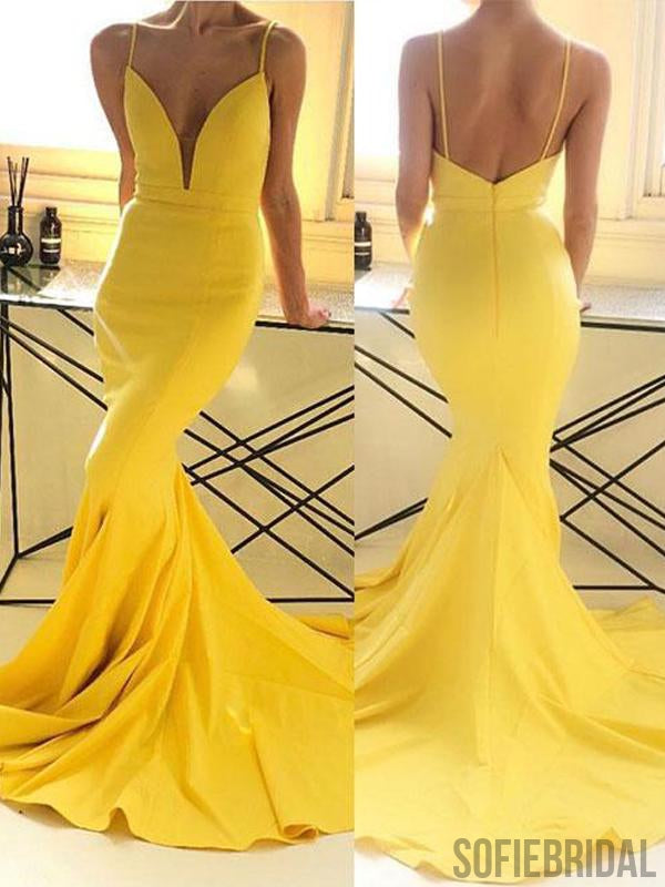 Spaghetti Long Mermaid Yellow Cheap Prom Dresses, PD0831