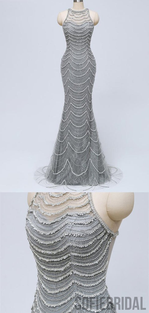 Long Mermaid Gray Beaded Sexy Luxury Prom Dresses, PD0920
