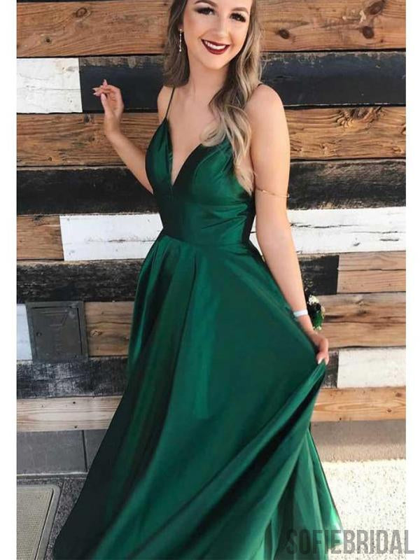 V-neck Long A-line Emerald Green Satin Prom Dresses, PD0921