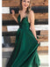V-neck Long A-line Emerald Green Satin Prom Dresses, PD0921