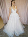 V-neck Long A-line Ivory Lace Tulle Prom Dresses, PD0951