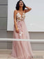 Spaghetti Long A-line Tulle Handmade Flower Prom Dresses, PD0860