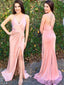 V-neck Blush Pink Side Slit Long Prom Dresses, Cheap Prom Dresses, PD0774