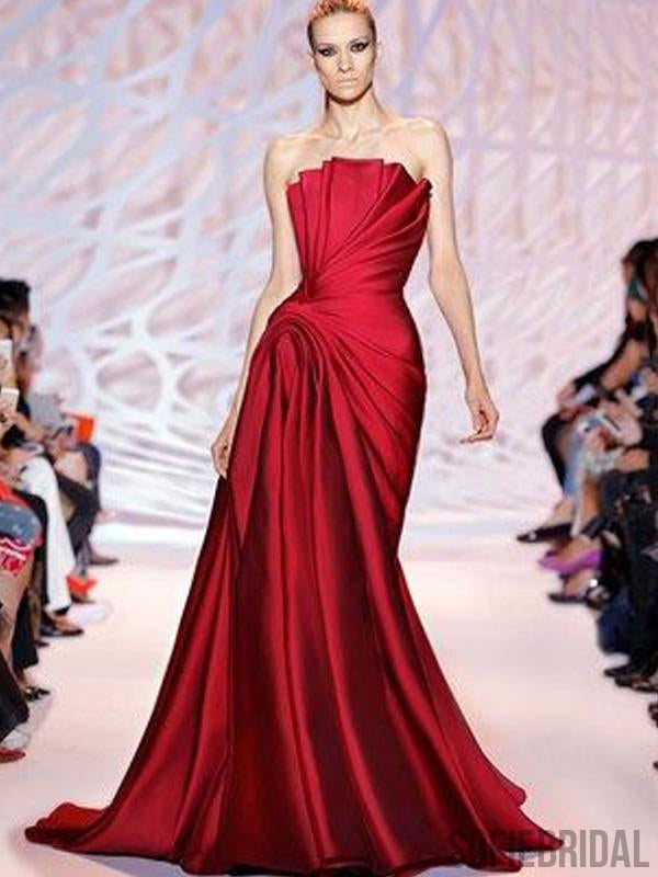 Sexy Long Mermaid Ruffles Red Satin Prom Dresses, PD0930