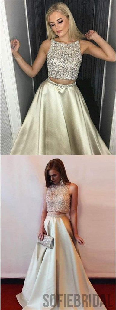 2 Pieces Prom Dresses, Beaded Prom Dresses, Satin Prom Dresses, Cheap Prom Dresses, PD0606