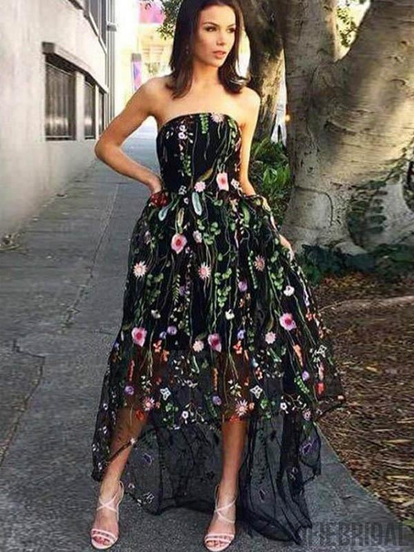 Strapless Hi-low Floral Long Prom Dresses, Formal Dresses, PD0811