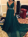 V-neck Long A-line Beaded Emerald Green Chiffon Prom dresses, PD0985