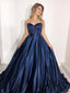 Sweetheart Long A-line Navy Satin Beaded Prom Dresses, PD0976