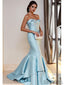 Sweetheart Long Mermaid Light Blue Satin Prom Dresses, PD0897