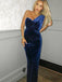 One Shoulder Navy Velvet Long Prom Dresses, PD0838