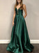 V-neck Long A-line Emerald Green Satin Prom Dresses, PD0974
