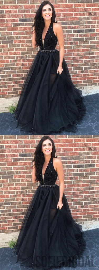 V-neck Black Prom Dresses, Beaded Prom Dresses, Long Prom Dresses, Prom Dresses, PD0675