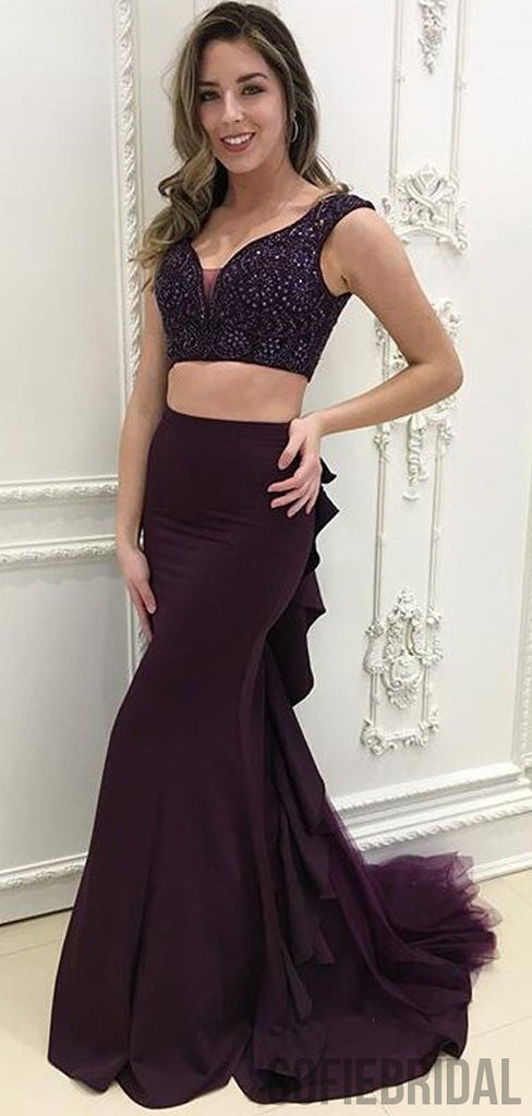 2 Pieces Beaded Dark Purple Long Mermaid Prom Dresses, Cheap Prom Dresses , PD0781