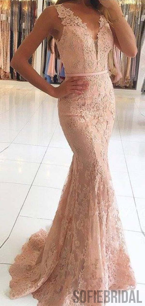 Sleeveless Lace Mermaid Long Prom Dresses, Cheap Prom Dresses , PD0775