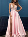 Pink Spaghetti Long A-line Satin Lace Prom Dresses, PD0983