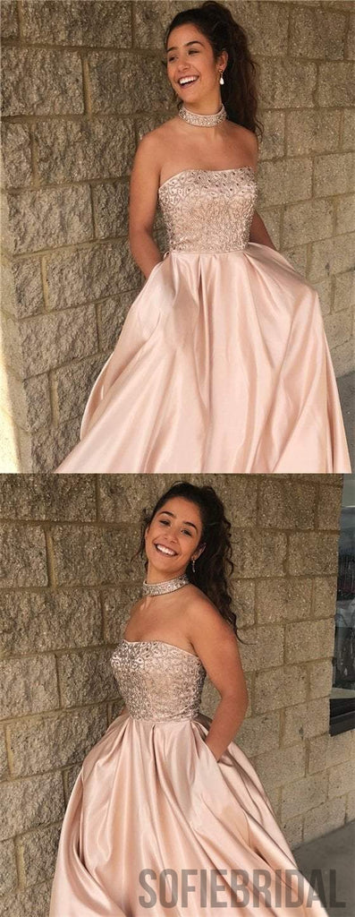 Rhinestone Beaded Prom Dresses, A-line Satin Prom Dresses, Newest Prom Dresses, PD0627