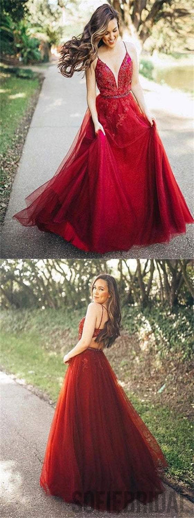 Spaghetti Red Lace Beaded Prom Dresses, Tulle Prom Dresses, Popular Prom Dresses, Prom Dresses, PD0593