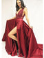 V-neck Lace Beaded Prom Dresses, Red Satin Prom Dresses, Long Prom Dresses, PD0669