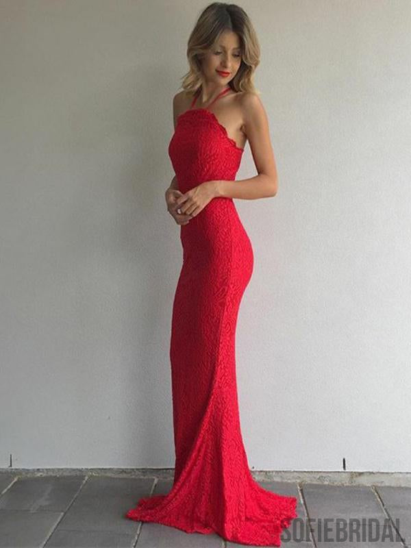 Halter Red Lace Prom Dresses, Mermaid Prom Dresses, Long Prom Dresses, Cheap Prom Dresses, PD0685