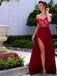 Off Shoulder Red Lace Side Slit Long A-line Prom Dresses, PD0824