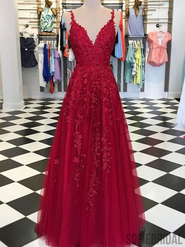 Red Appliques Lace Long A-line Tulle Prom Dresses, PD0791