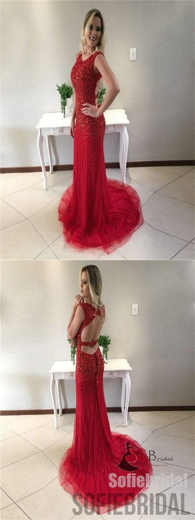 Bateau Rhinestone Prom Dresses, Red Mermaid Prom Dresses, Long Prom Dresses, Prom Dresses, PD0653