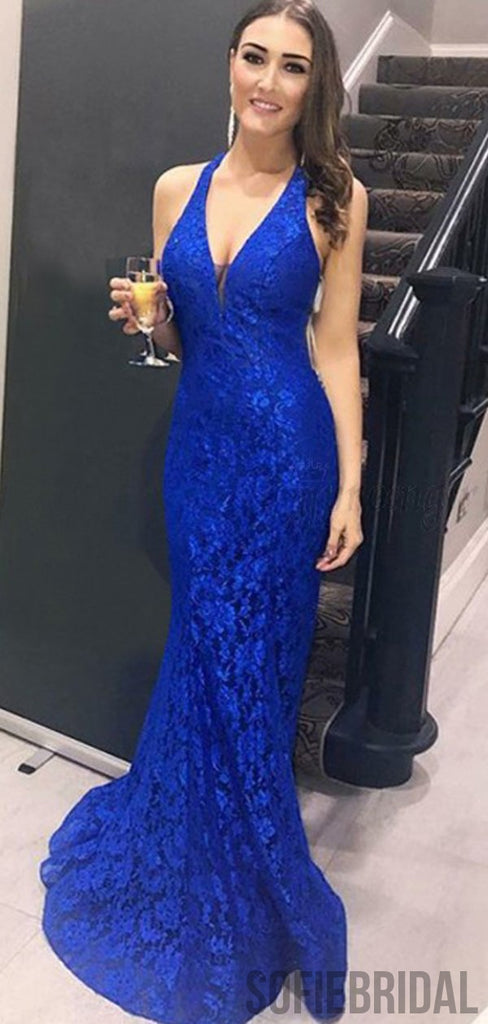 V-neck Royal Blue Lace Long Mermaid Sexy Prom Dresses, PD0922