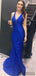 V-neck Royal Blue Lace Long Mermaid Sexy Prom Dresses, PD0922