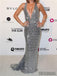 Sheath Silver Sequins Deep V-neck Backless Long Prom Dresses, PD0029