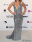 Sheath Silver Sequins Deep V-neck Backless Long Prom Dresses, PD0029