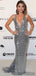Sheath Silver Sequins Deep V-neck Backless Long Prom Dresses, PD0029