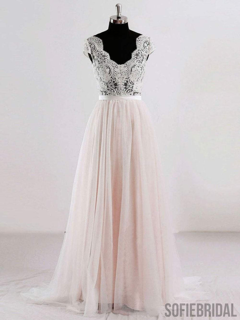 Cap Sleeves V Neck See Through A-line Cheap Wedding Dresses Online, WD342