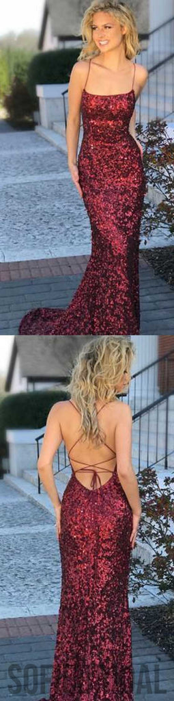 Spaghetti  Sequin Mermaid Prom Dresses, Popular Prom Dresses, PD0349