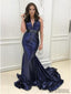 V-neck Sequin Prom Dresses, Navy Prom Dresses, Mermaid Prom Dresses, Prom Dresses, PD0607