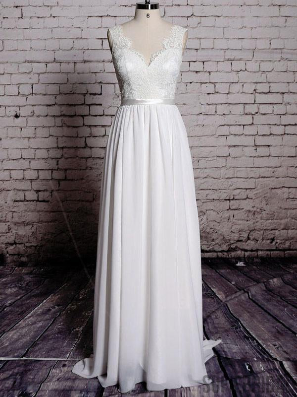 Simple Lace V Neck Cheap Beach Wedding Dresses Online, WD384