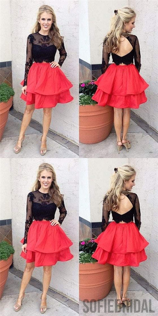 2 Pieces Black Lace Top Homecoming Dresses, Red Homecoming Dresses, Cheap Homecoming Dresses, SF0115