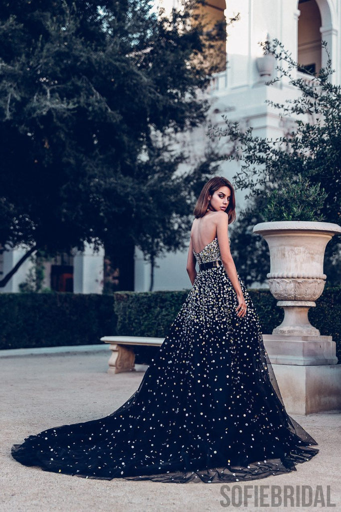 Sweetheart Long A-line Black Tulle Rhinestone Beaded Prom Dresses, PD0932