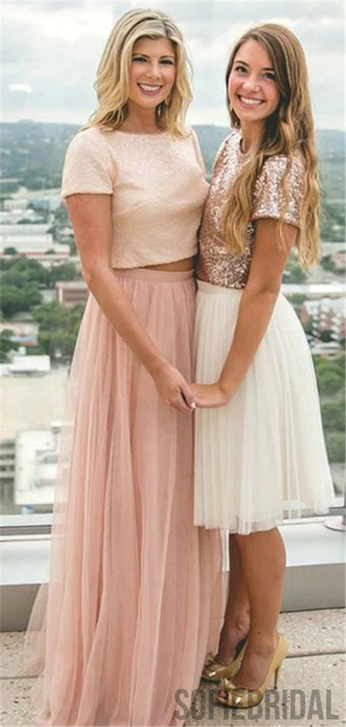 Two-pieces Sequins Top Short Sleeves Tulle Bridesmaid Dresses, BD1043